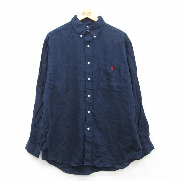 XL★古着 ラルフローレン Ralph Lauren 長袖 ブランド シャツ メンズ 90年代 90s ワンポイントロゴ BLAKE リネン ボタンダウン 紺 ネイビー 25may21 中古 トップス