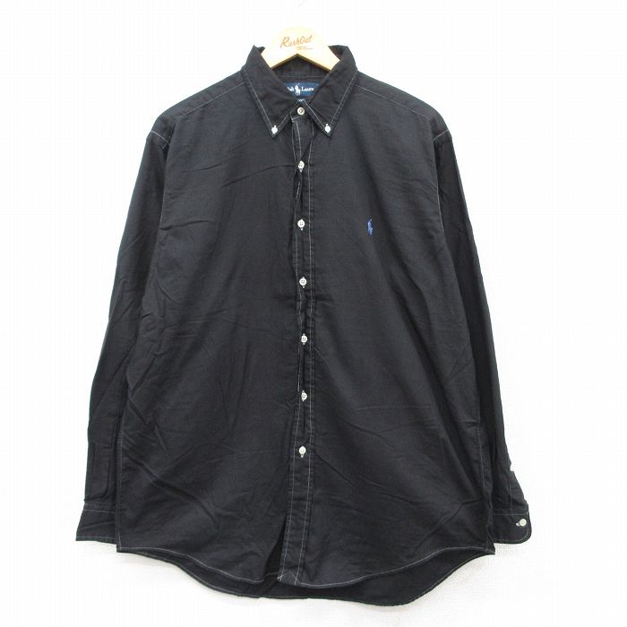 L★古着 ラルフローレン Ralph Lauren 長袖 ブランド シャツ メンズ 90年代 90s ワンポイントロゴ YARMOUTH コットン ボタンダウン 黒 ブラック 25may21 中古 トップス