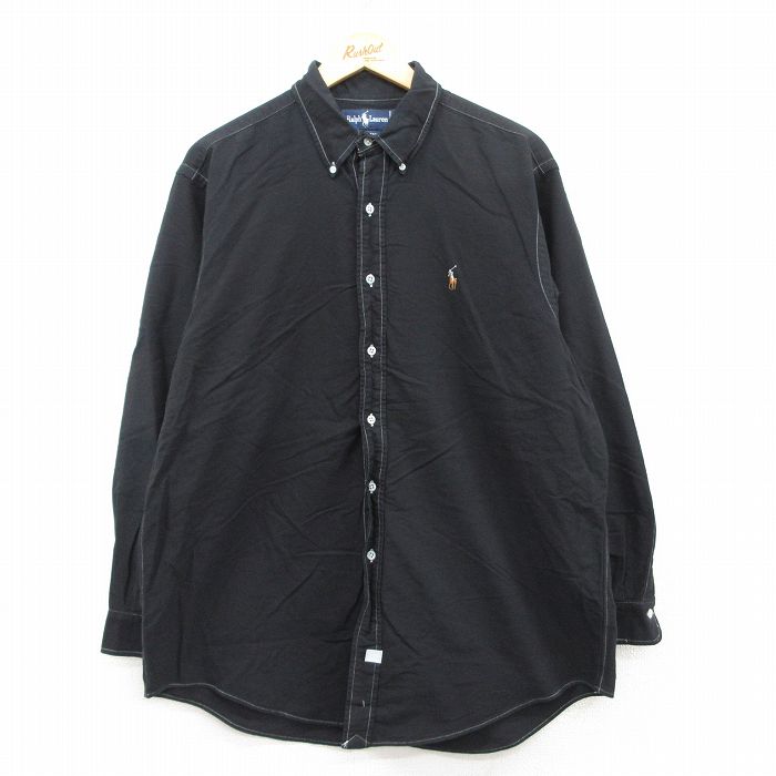 XL★古着 ラルフローレン Ralph Lauren 長袖 ブランド シャツ メンズ 90年代 90s ワンポイントロゴ オックスフォード 大きいサイズ コットン ボタンダウン 黒 ブラック 25may21 中古 トップス