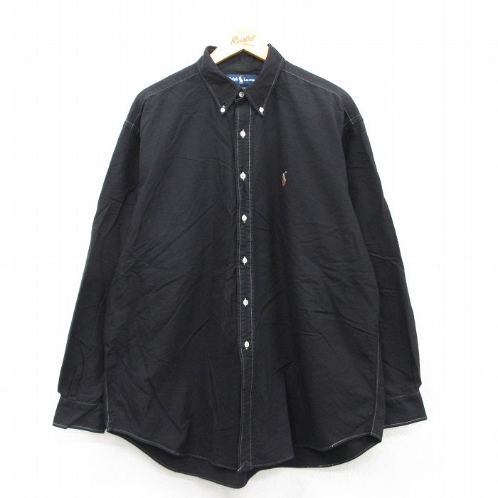 XL★古着 ラルフローレン Ralph Lauren 長袖 ブランド シャツ メンズ 90年代 90s ワンポイントロゴ YARMOUTH オックスフォード 大きいサイズ コットン ボタンダウン 黒 ブラック 25may21 中古 トップス