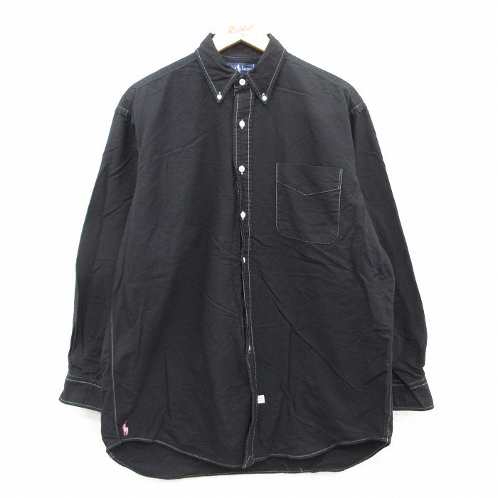 【50%OFF】XL★古着 ラルフローレン Ralph Lauren 長袖 ブランド シャツ メンズ 90年代 90s ワンポイントロゴ 裾ロゴ The Big Oxford オックスフォード 大きいサイズ コットン ボタンダウン 黒 ブラック 【spe】 25may21 中古 トップス