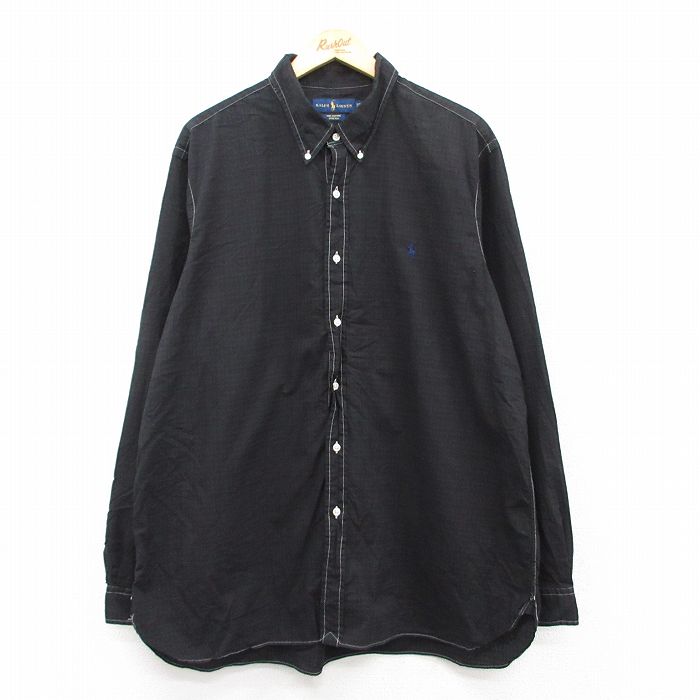 XL★古着 ラルフローレン Ralph Lauren 長袖 ブランド シャツ メンズ ワンポイントロゴ 大きいサイズ コットン ボタンダウン 黒 ブラック チェック 25may21 中古 トップス