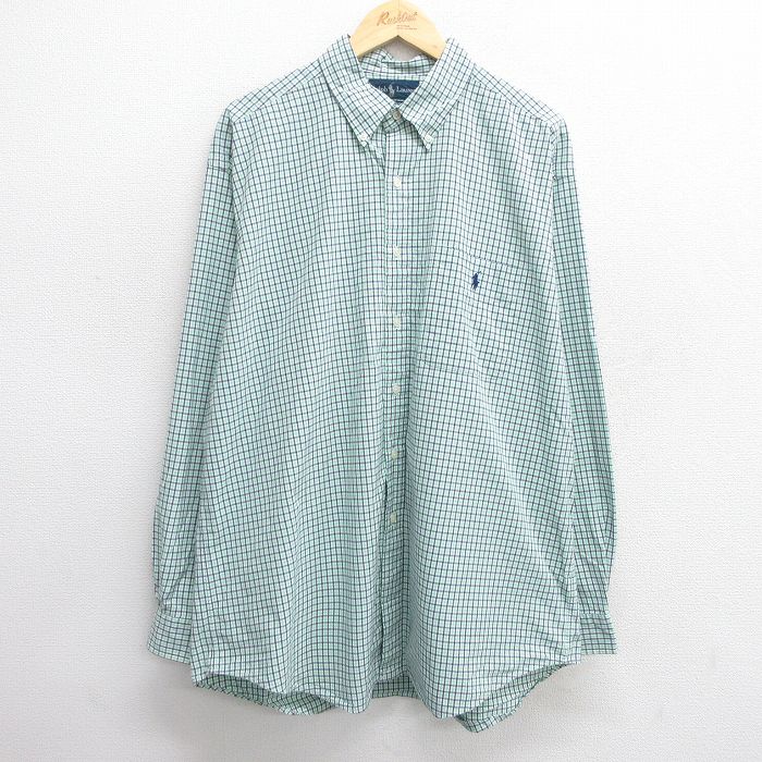 【50%OFF】XL★古着 ラルフローレン Ralph Lauren 長袖 ブランド シャツ メンズ 90年代 90s ワンポイントロゴ BLAKE 大きいサイズ ロング丈 コットン ボタンダウン 緑他 グリーン チェック 25may21 中古 トップス