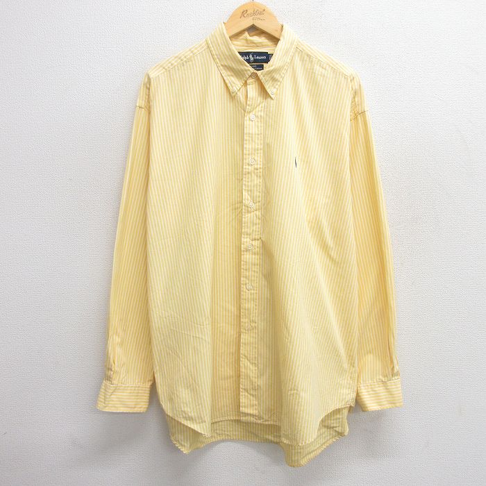 XL★古着 ラルフローレン Ralph Lauren 長袖 ブランド シャツ メンズ 90年代 90s ワンポイントロゴ BLAKE 大きいサイズ ロング丈 コットン ボタンダウン 黄他 イエロー ストライプ 25may21 中古 トップス