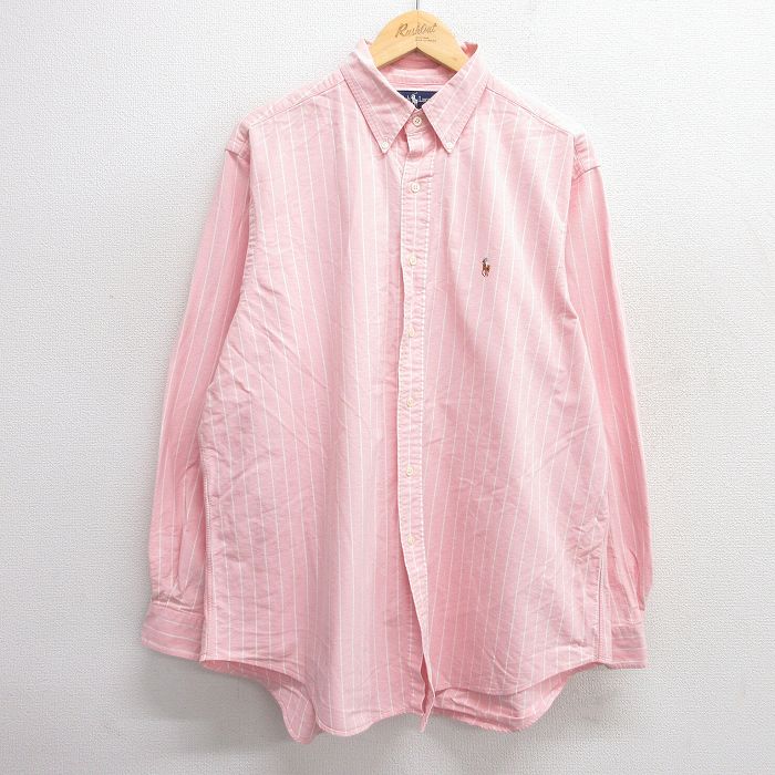 XL★古着 ラルフローレン Ralph Lauren 長袖 ブランド シャツ メンズ 90年代 90s ワンポイントロゴ オックスフォード 大きいサイズ ロング丈 コットン ボタンダウン ピンク他 ストライプ 25may21 中古 トップス