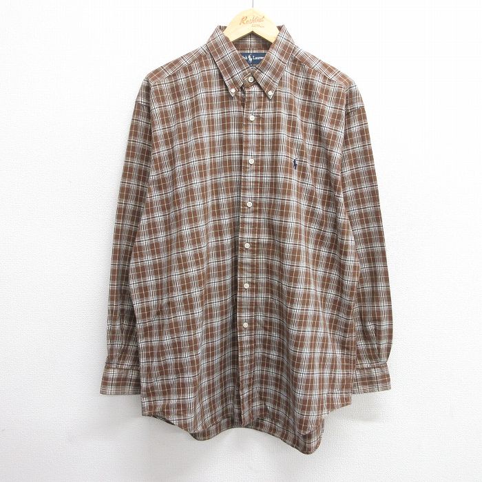 【20%OFF】XL★古着 ラルフローレン Ralph Lauren 長袖 ブランド シャツ メンズ 90年代 90s ワンポイントロゴ BLAIRE 大きいサイズ ロング丈 コットン ボタンダウン 茶他 ブラウン チェック 25may21 中古 トップス