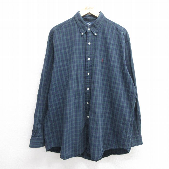 XL★古着 ラルフローレン Ralph Lauren 長袖 ブランド シャツ メンズ 90年代 90s ワンポイントロゴ BLAKE 大きいサイズ ロング丈 コットン ボタンダウン 紺他 ネイビー チェック 25may21 中古 トップス