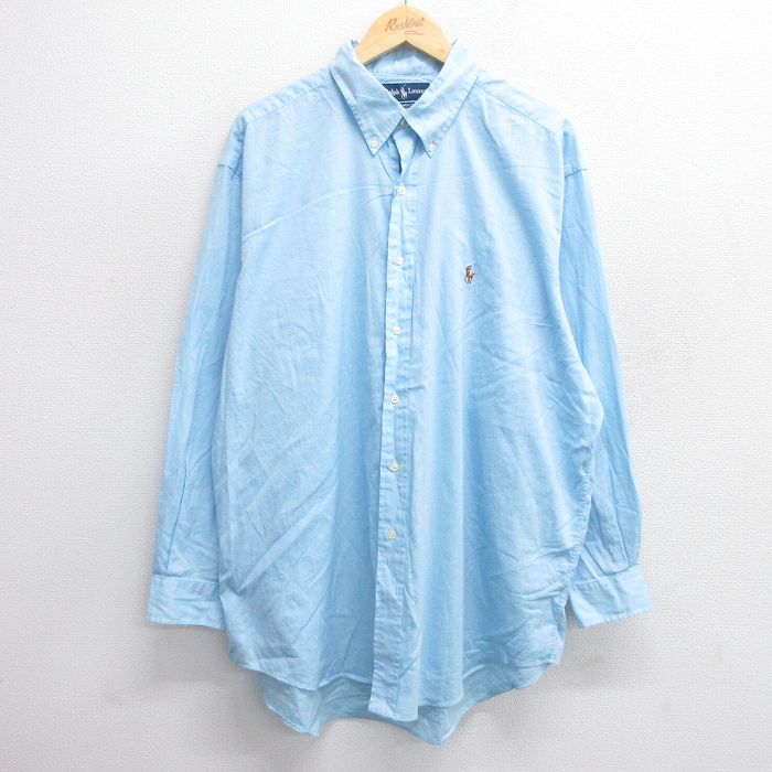 XL★古着 ラルフローレン Ralph Lauren 長袖 ブランド シャツ メンズ 90年代 90s ワンポイントロゴ YARMOUTH オックスフォード 大きいサイズ ロング丈 コットン ボタンダウン 薄紺 ネイビー 25may21 中古 トップス