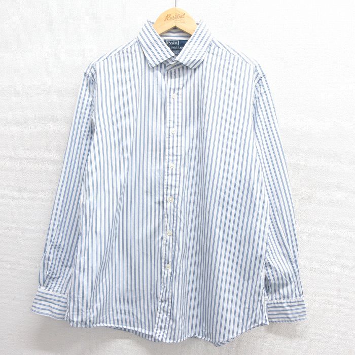 XL★古着 ラルフローレン Ralph Lauren 長袖 ブランド シャツ メンズ 90年代 90s コットン 薄紺 ネイビー ストライプ 25may26 中古 トップス