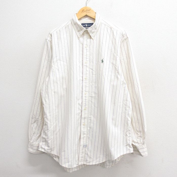 XL★古着 ラルフローレン Ralph Lauren 長袖 ブランド シャツ メンズ 90年代 90s ワンポイントロゴ 大きいサイズ コットン ボタンダウン 紫 パープル ストライプ 25may26 中古 トップス