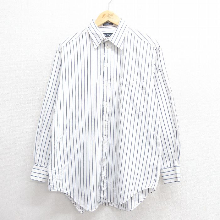L★古着 ノーティカ NAUTICA 長袖 ブランド シャツ メンズ 90年代 90s コットン 紺 ネイビー ストライプ 25may26 中古 トップス