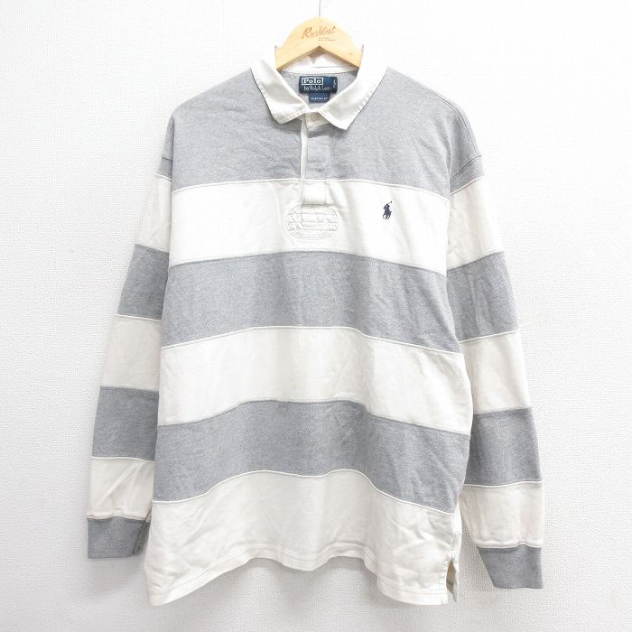 XL★古着 ラルフローレン Ralph Lauren 長袖 ブランド ラガー シャツ メンズ 90年代 90s ワンポイントロゴ 大きいサイズ コットン グレー ボーダー 25may26 中古 トップス