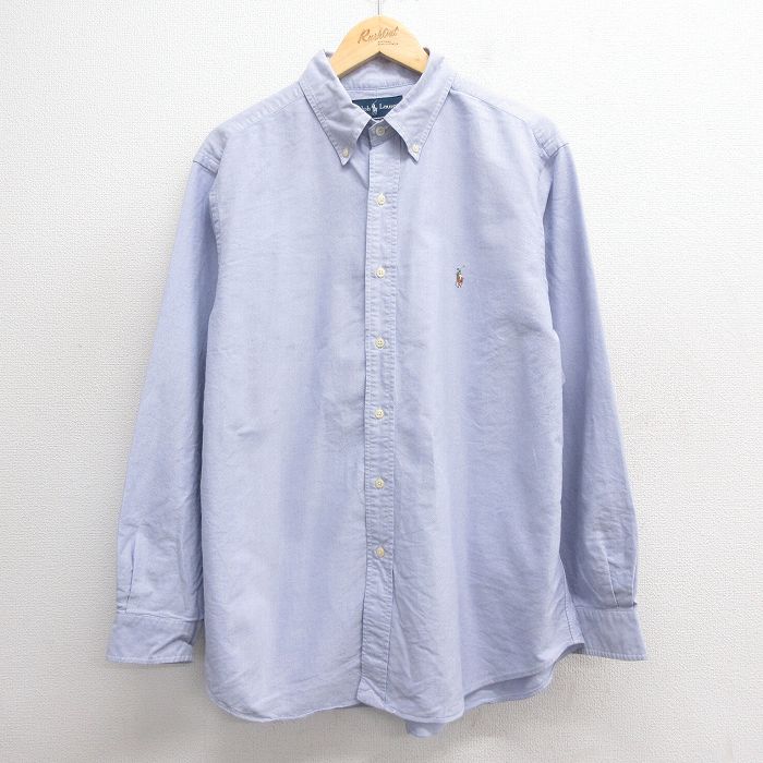XL★古着 ラルフローレン Ralph Lauren 長袖 ブランド シャツ メンズ 90年代 90s ワンポイントロゴ オックスフォード 大きいサイズ コットン ボタンダウン 薄紺 ネイビー 25may27 中古 トップス