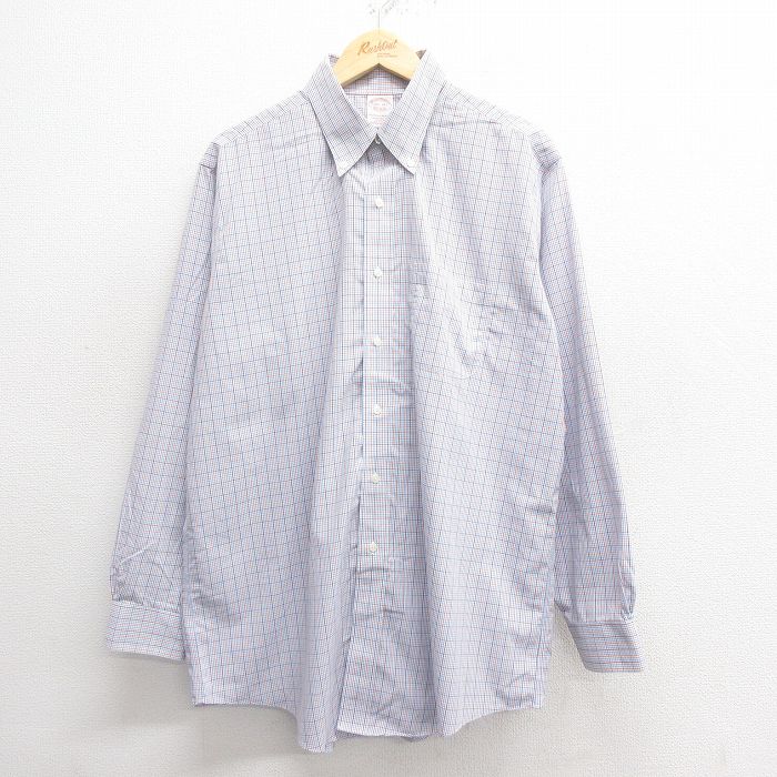 【20%OFF】XL★古着 ブルックスブラザーズ BROOKS BROTHERS 長袖 ブランド シャツ メンズ 大きいサイズ ロング丈 コットン ボタンダウン 薄紺他 ネイビー チェック 25may27 中古 トップス