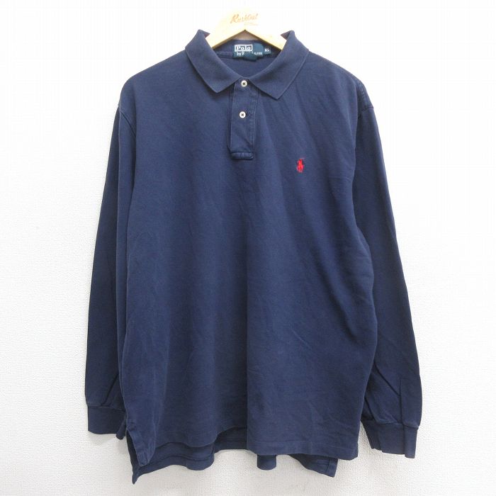 XL★古着 ラルフローレン Ralph Lauren 長袖 ブランド ポロ シャツ メンズ 90年代 90s ワンポイントロゴ 鹿の子 大きいサイズ コットン 濃紺 ネイビー 25may27 中古 トップス