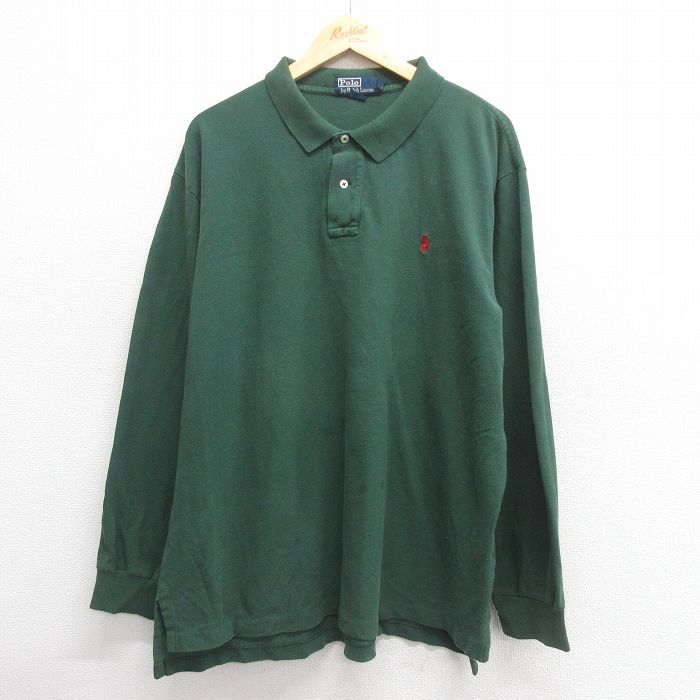 XL★古着 ラルフローレン Ralph Lauren 長袖 ブランド ポロ シャツ メンズ 90年代 90s ワンポイントロゴ 鹿の子 大きいサイズ コットン 緑 グリーン 25may27 中古 トップス