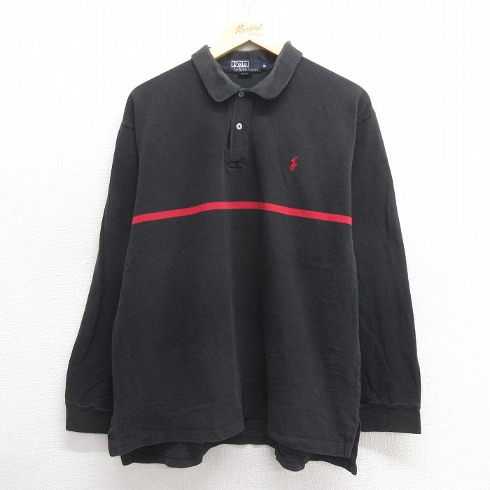 XL★古着 ラルフローレン Ralph Lauren 長袖 ブランド ポロ シャツ メンズ 90年代 90s ワンポイントロゴ 鹿の子 大きいサイズ コットン 黒 ブラック 25may27 中古 トップス