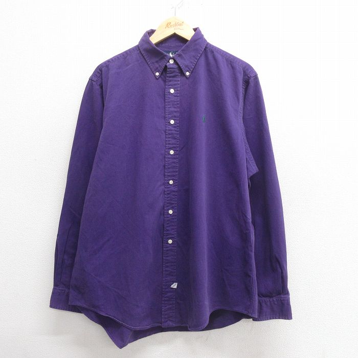 XL★古着 ラルフローレン Ralph Lauren 長袖 ブランド シャツ メンズ 90年代 90s ワンポイントロゴ 大きいサイズ コットン ボタンダウン 紫 パープル 25may27 中古 トップス