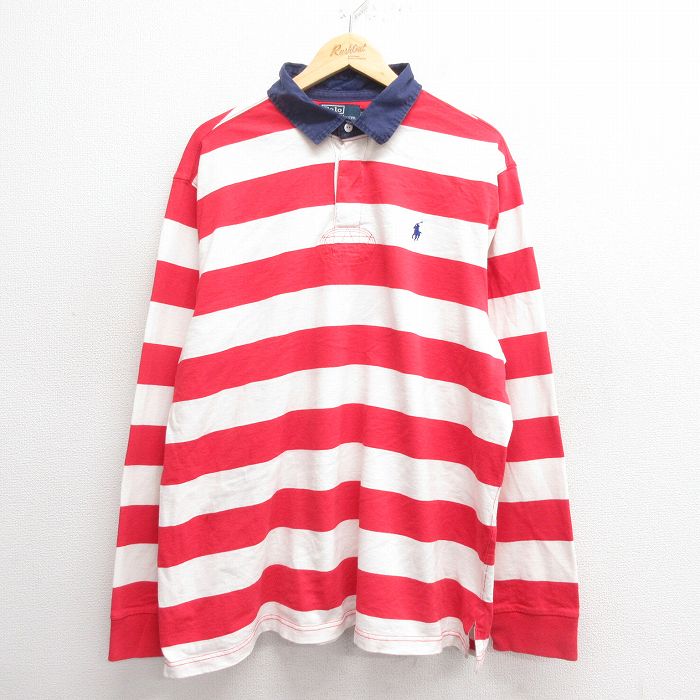【20%OFF】XL★古着 ラルフローレン Ralph Lauren 長袖 ブランド ラガー シャツ メンズ 90年代 90s ワンポイントロゴ 大きいサイズ コットン 赤他 レッド ボーダー 【spe】 25may27 中古 トップス