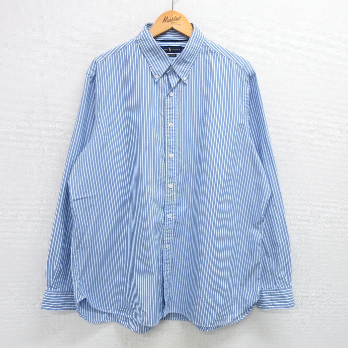 XL★古着 ラルフローレン Ralph Lauren 長袖 ブランド シャツ メンズ 大きいサイズ ロング丈 コットン ボタンダウン 薄紺他 ネイビー ストライプ 25may29 中古 トップス