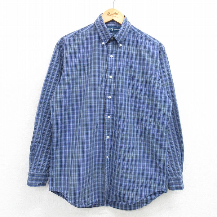 L★古着 ラルフローレン Ralph Lauren 長袖 ブランド シャツ メンズ 90年代 90s ワンポイントロゴ BLAKE コットン ボタンダウン 紺他 ネイビー チェック 25may29 中古 トップス