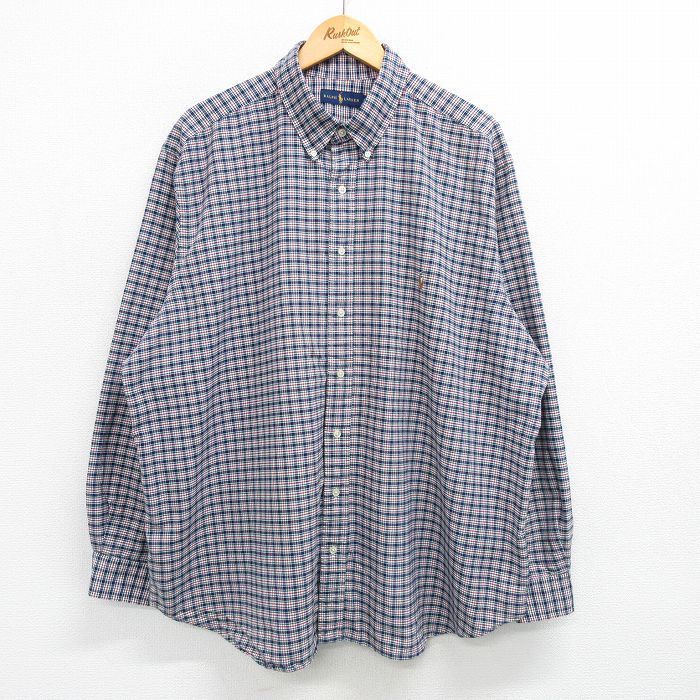 XL★古着 ラルフローレン Ralph Lauren 長袖 ブランド シャツ メンズ ワンポイントロゴ オックスフォード 大きいサイズ ロング丈 コットン ボタンダウン 紺他 ネイビー チェック 25may29 中古 トップス
