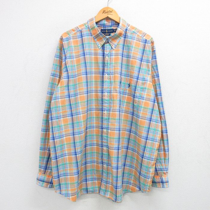 【50%OFF】XL★古着 ラルフローレン Ralph Lauren 長袖 ブランド シャツ メンズ ワンポイントロゴ 大きいサイズ ロング丈 コットン ボタンダウン オレンジ他 チェック 25may29 中古 トップス