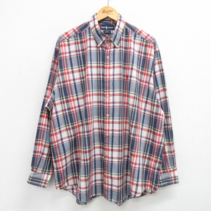 【50%OFF】XL★古着 ラルフローレン Ralph Lauren 長袖 ブランド シャツ メンズ 90年代 90s ワンポイントロゴ BLAKE 大きいサイズ ロング丈 コットン ボタンダウン 紺他 ネイビー チェック 25may29 中古 トップス