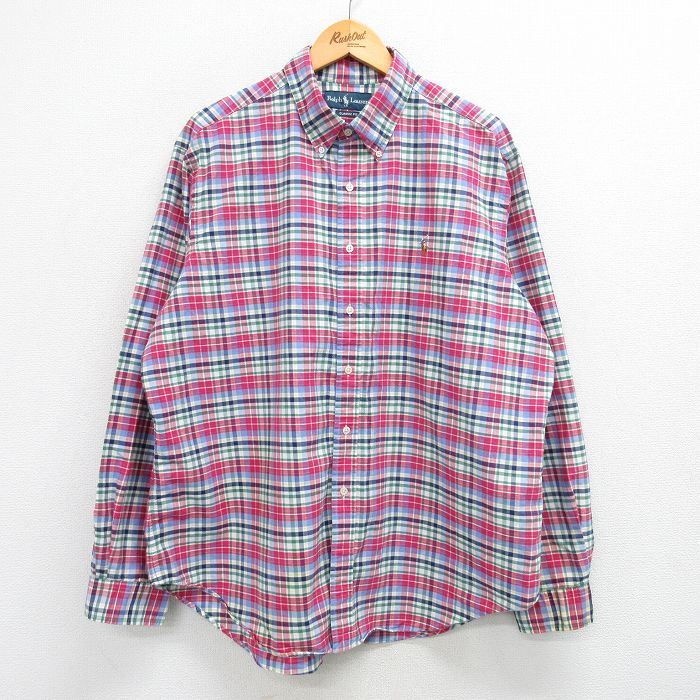 【50%OFF】XL★古着 ラルフローレン Ralph Lauren 長袖 ブランド シャツ メンズ 90年代 90s ワンポイントロゴ オックスフォード 大きいサイズ ロング丈 コットン ボタンダウン 濃ピンク他 チェック 25may29 中古 トップス