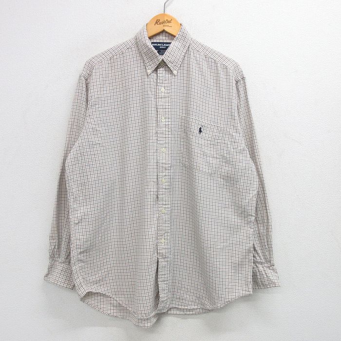 【50%OFF】XL★古着 ラルフローレン Ralph Lauren ゴルフ 長袖 ブランド シャツ メンズ 90年代 90s ワンポイントロゴ TILDEN 大きいサイズ コットン ボタンダウン USA製 薄ベージュ他 カーキ チェック 【spe】 25may29 中古 トップス