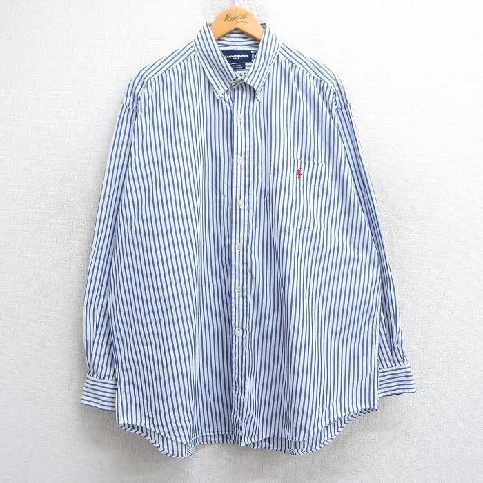 XL★古着 ラルフローレン Ralph Lauren ゴルフ 長袖 ブランド シャツ メンズ 90年代 90s ワンポイントロゴ TILDEN 大きいサイズ コットン ボタンダウン 青他 ブルー ストライプ 25jun02 中古 トップス
