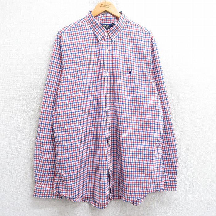 XL★古着 ラルフローレン Ralph Lauren 長袖 ブランド シャツ メンズ ワンポイントロゴ ロング丈 ボタンダウン 赤他 レッド チェック 25jun02 中古 トップス
