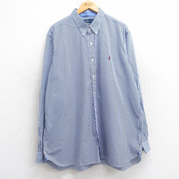 XL★古着 ラルフローレン Ralph Lauren 長袖 ブランド シャツ メンズ ワンポイントロゴ ロング丈 大きいサイズ コットン ボタンダウン 青他 ブルー ストライプ 25jun02 中古 トップス