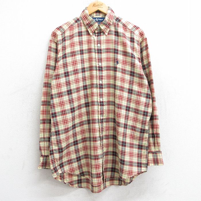 XL★古着 ラルフローレン Ralph Lauren 長袖 ブランド シャツ メンズ 90年代 90s ワンポイントロゴ BLAKE コットン ボタンダウン 黄他 イエロー チェック 25jun02 中古 トップス