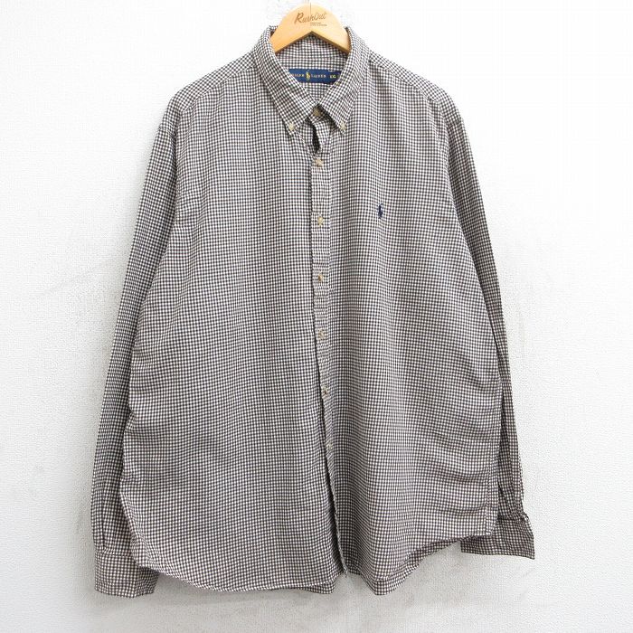 XL★古着 ラルフローレン Ralph Lauren 長袖 ブランド シャツ メンズ ワンポイントロゴ 大きいサイズ コットン ボタンダウン 濃茶他 ブラウン ギンガム チェック 25jun02 中古 トップス