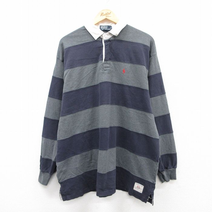 【50%OFF】XL★古着 ラルフローレン Ralph Lauren 長袖 ブランド ラガー シャツ メンズ ワンポイントロゴ 大きいサイズ コットン 紺他 ネイビー ボーダー 25jun03 中古 トップス