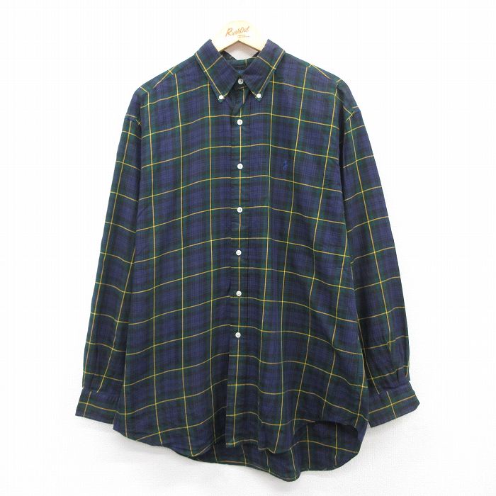 XL★古着 ラルフローレン Ralph Lauren 長袖 ブランド シャツ メンズ 90年代 90s ワンポイントロゴ BLAKE 大きいサイズ ロング丈 コットン ボタンダウン 緑他 グリーン チェック 25jun03 中古 トップス