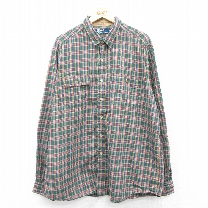XL★古着 ラルフローレン Ralph Lauren ポロカントリー 長袖 ブランド シャツ メンズ 90年代 90s ヒジ当て 大きいサイズ ロング丈 コットン 緑他 グリーン チェック 【spe】 25jun03 中古 トップス