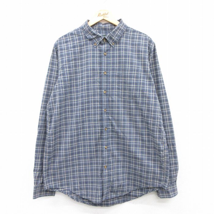 【50%OFF】XL★古着 エディーバウアー 長袖 ブランド シャツ メンズ コットン ボタンダウン 紺他 ネイビー チェック 25jun03 中古 トップス