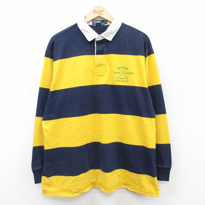 XL★古着 ラルフローレン Ralph Lauren 長袖 ブランド ラガー シャツ メンズ 90年代 90s ワンポイントロゴ 大きいサイズ コットン 紺他 ネイビー ボーダー 25jun03 中古 トップス