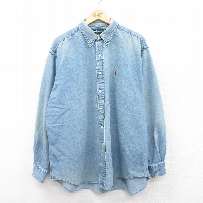 XL★古着 ラルフローレン Ralph Lauren 長袖 ブランド シャツ メンズ 90年代 90s ワンポイントロゴ BLAKE 大きいサイズ コットン ボタンダウン 薄紺 ネイビー デニム 25jun03 中古 トップス
