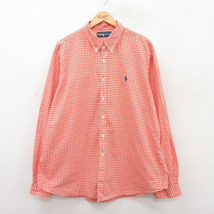 XL★古着 ラルフローレン Ralph Lauren 長袖 ブランド シャツ メンズ 90年代 90s ワンポイントロゴ 大きいサイズ コットン ボタンダウン オレンジ他 ギンガム チェック 25jun03 中古 トップス