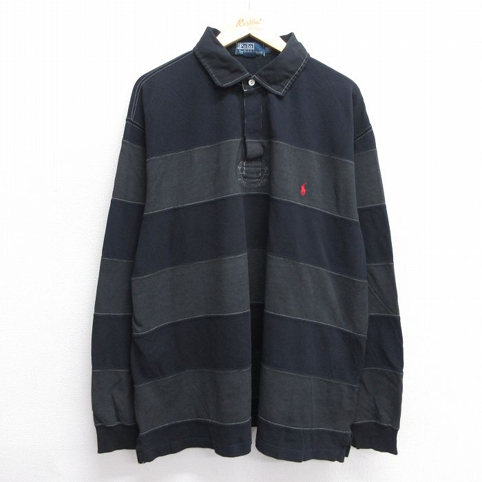 XL★古着 ラルフローレン Ralph Lauren 長袖 ブランド ラガー シャツ メンズ 90年代 90s ワンポイントロゴ 大きいサイズ コットン 黒他 ブラック ボーダー 【spe】 25jun11 中古 トップス