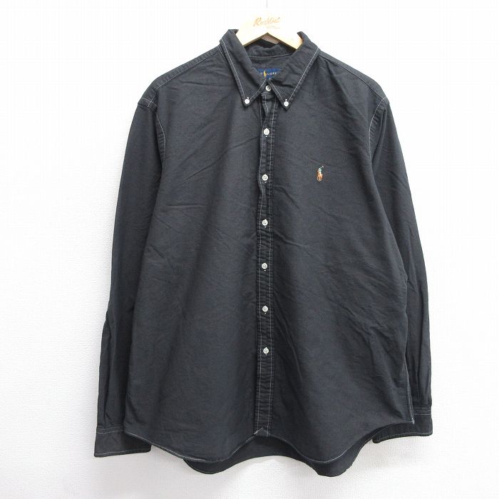 【50%OFF】XL★古着 ラルフローレン Ralph Lauren 長袖 ブランド シャツ メンズ ワンポイントロゴ 大きいサイズ コットン ボタンダウン 黒 ブラック 25jun11 中古 トップス