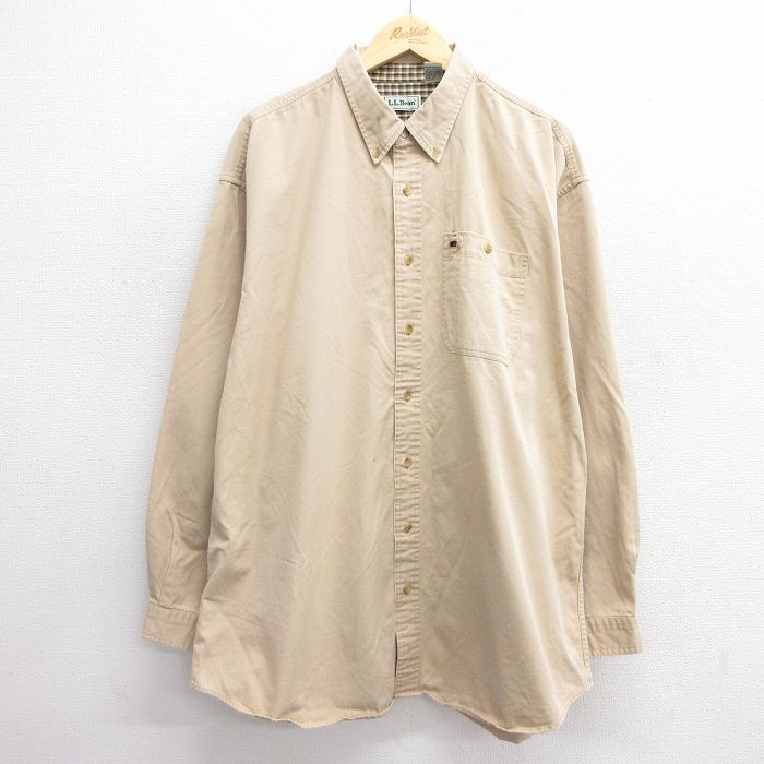 【50%OFF】XL★古着 エルエルビーン LLBEAN 長袖 ブランド シャツ メンズ 90年代 90s 大きいサイズ ロング丈 コットン ボタンダウン ベージュ カーキ 25jun11 中古 トップス