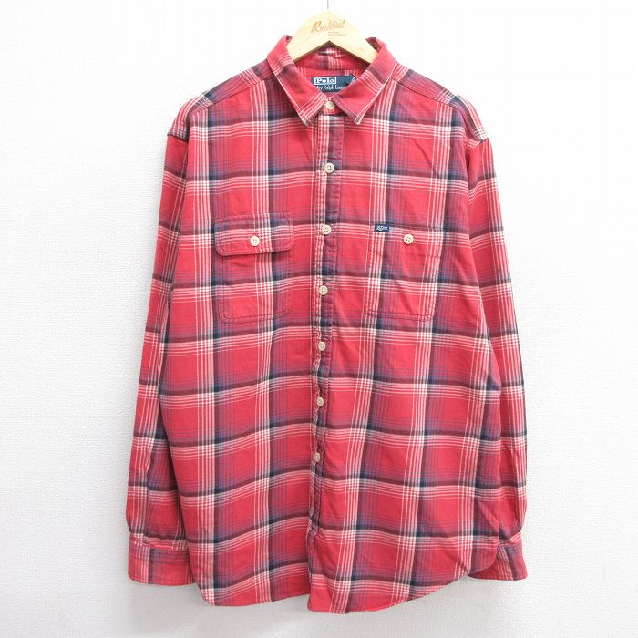 XL★古着 ラルフローレン Ralph Lauren 長袖 ブランド シャツ メンズ 90年代 90s ワンポイントロゴ 大きいサイズ コットン 赤他 レッド チェック 25jun11 中古 トップス