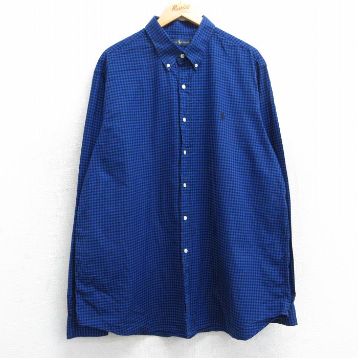 XL★古着 ラルフローレン Ralph Lauren 長袖 ブランド シャツ メンズ ワンポイントロゴ 大きいサイズ ロング丈 コットン ボタンダウン 青他 ブルー チェック 25jun11 中古 トップス