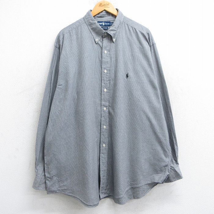 【50%OFF】XL★古着 ラルフローレン Ralph Lauren 長袖 ブランド シャツ メンズ 90年代 90s ワンポイントロゴ 千鳥格子 YARMOUTH 大きいサイズ ロング丈 コットン ボタンダウン 黒他 ブラック 25jun11 中古 トップス