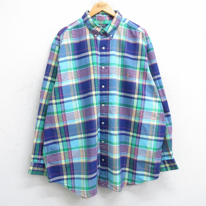 XL★古着 ラルフローレン Ralph Lauren 長袖 ブランド シャツ メンズ ワンポイントロゴ オックスフォード 大きいサイズ ロング丈 コットン ボタンダウン 紺他 ネイビー チェック 25jun11 中古 トップス
