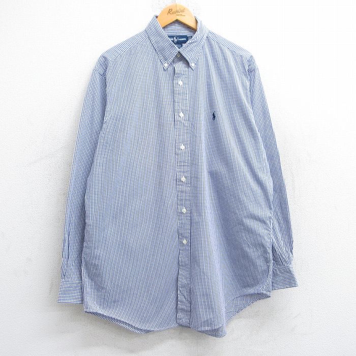 XL★古着 ラルフローレン Ralph Lauren 長袖 ブランド シャツ メンズ 90年代 90s YARMOUTH ロング丈 コットン ボタンダウン 紺他 ネイビー チェック 25jun11 中古 トップス